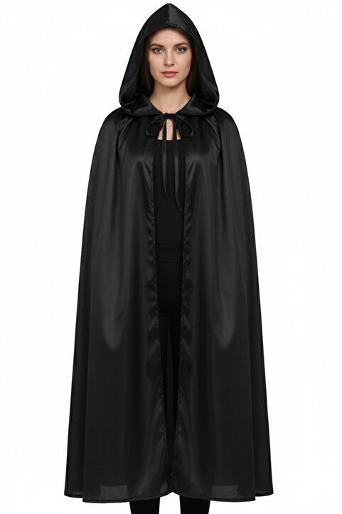ReilaParty Siyah Kapüşonlu Halloween Pelerini 120 cm – Cadılar Bayramı & Maskeli Balo Drakula Pelerini