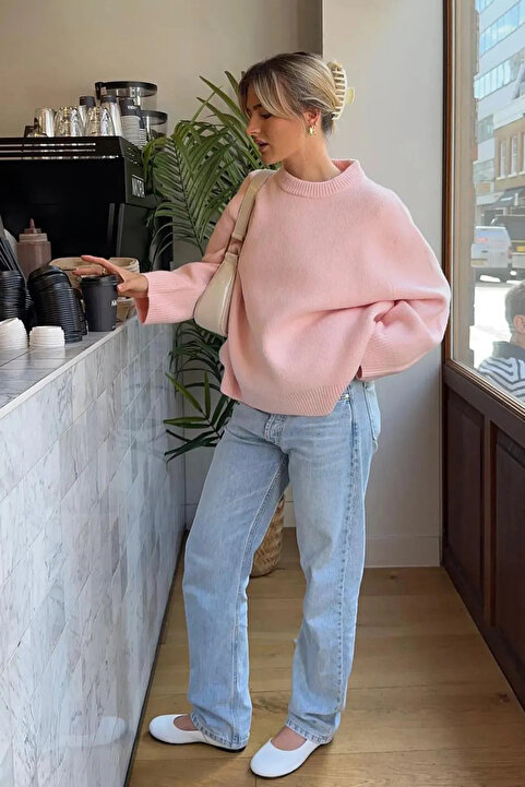 K-ODEA BUTİK Kadın Pembe Oversize Triko Kazak — Yumuşak Dokulu Bisiklet Yaka