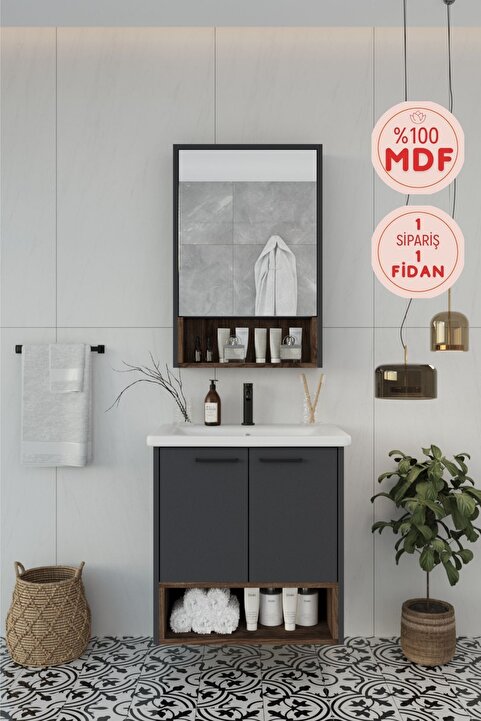 BALNEOM Karanfil 65 Cm %100 Mdf Antrasit Lavabolu Banyo Dolabı Ayna Alt Dolap Lavabo