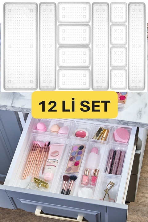 VİALEX VİALEX 12'li Makyaj Organizeri Çekmece İçi Düzenleyici Set Şeffaf 4Kçk-40rt-3uzn-1Byk
