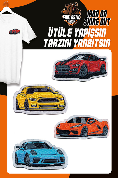 FANTASTIC ARMA Ütüyle Yapışan Renkli Spor Arabalar Dokuma Arma Seti (4'lü Paket) – Giysi Süsleme ve Onarım Yaması