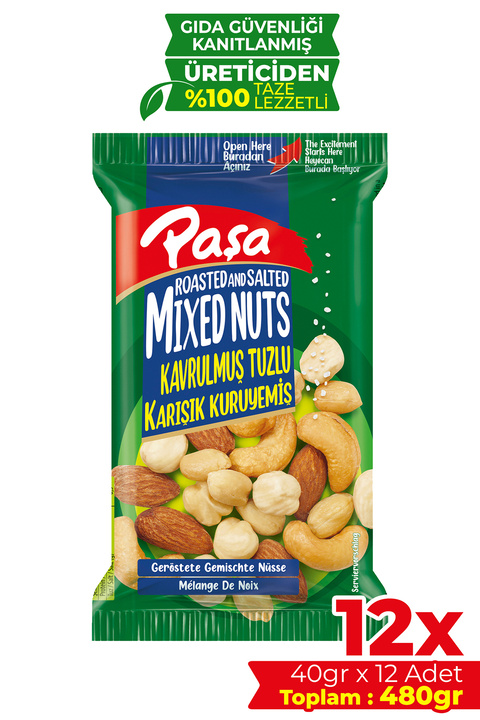 Paşa Kuruyemiş Kavrulmuş Karışık Kuruyemiş 40 gr X 12 Adet (480 GR), Tuzlu Karışık Kuruyemiş