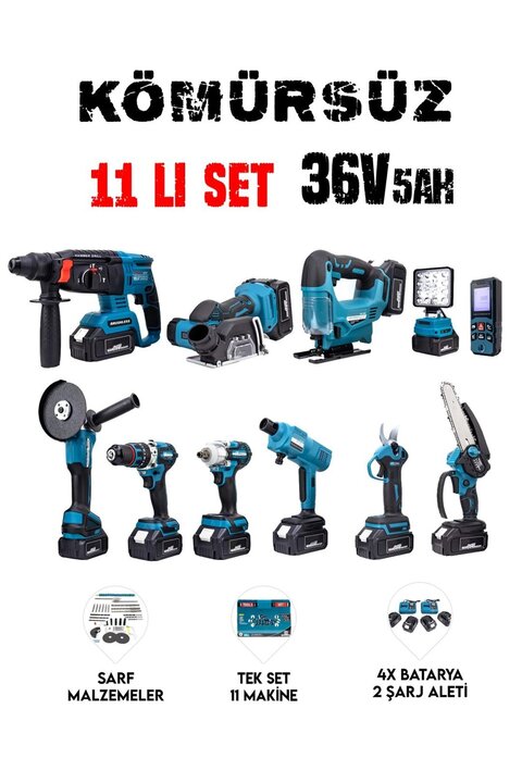 PROHUMMER EEA458 Akülü 11’li Set: LED ışık, lazer metre, somun sıkma, dekupaj, oto yıkama, dal makas.....