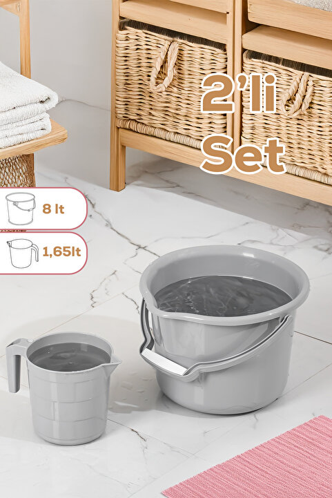 Porsima 2li Banyo Balkon Temizlik Seti 8L Kulplu Kova 1,65L Maşrapa Banyo Seti Gri