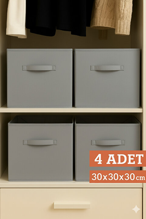 PH Prendi Home 4’lü Gri Kumaş Dolap İçi Düzenleyici Kutu - 30x30x30 cm Katlanabilir Çok Amaçlı Saklama Kutusu