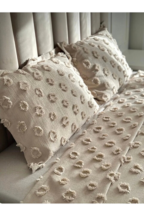 best house decor Delux ponponlu çift kişilik yatak örtüsü takımı 240x250 - Bej -