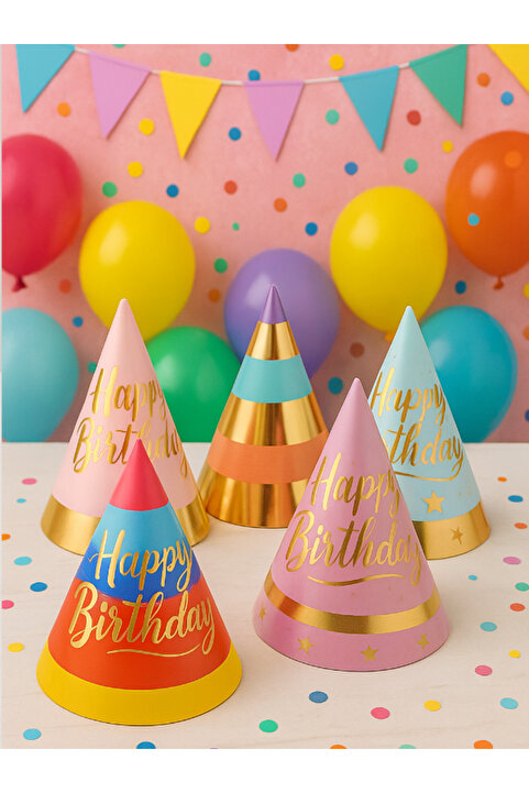 party mix Doğum Günü Parti Şapkaları (HAPPY BİRTHDAY YAZILI) – Renkli Karton Külah, Altın Detaylı 5’li Set”