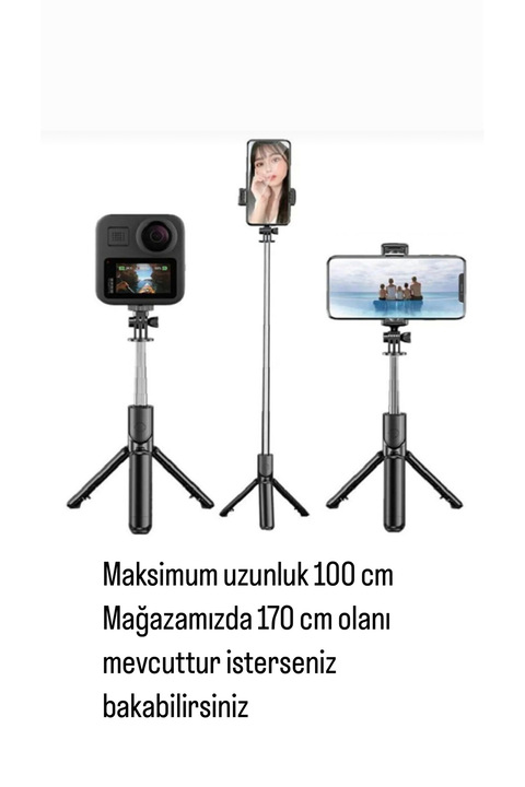 Twinix Siyah Kablosuz Kumandalı Telefon Selfie Çubuğu Monopod Ayaklı Tripod Bluetooth 100 Cm