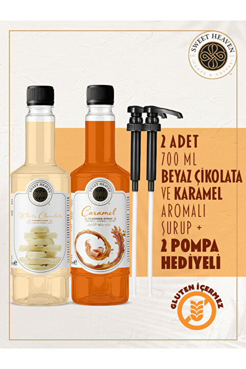 sweet heaven Beyaz Çikolata ve Karamel Kahve Şurubu 700ml 2 Pompa Hediye