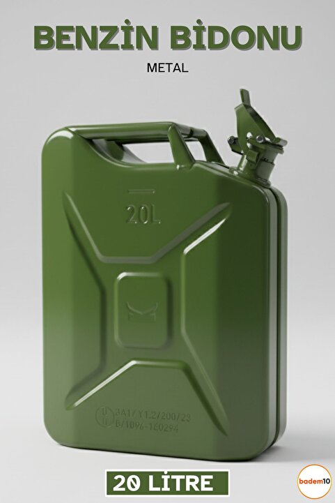 Badem10 Metal Akaryakıt Bidonu 20 Litre Yeşil Benzin Mazot Doldurma Taşıma Depolama Dayanıklı Metal Bidon