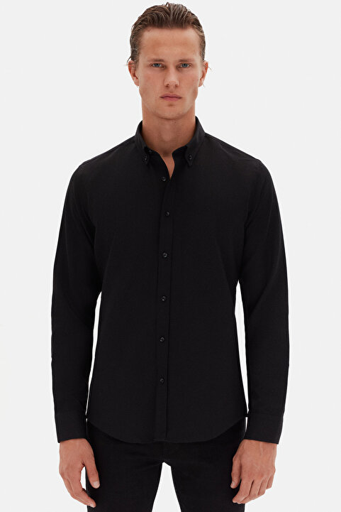 D'S Damat Ds Damat Slim Fit Siyah Oxford Düğmeli Yaka Kolay Ütülenebilir Nakış Detaylı Pamuklu Gömlek