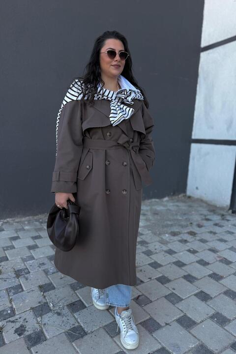 CHUL Büyük Beden Canvas Apolet Detaylı Astarlı Kemerli Uzun Trençkot - SOĞUK KAHVE