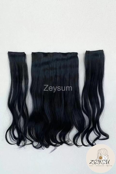 Zeysum Doğal Siyah Yarımay Dalgalı Saç 3 Parça Çıtçıtlı Postiş 60 Cm 140 gr Isıya Dayanıklı Yarımay