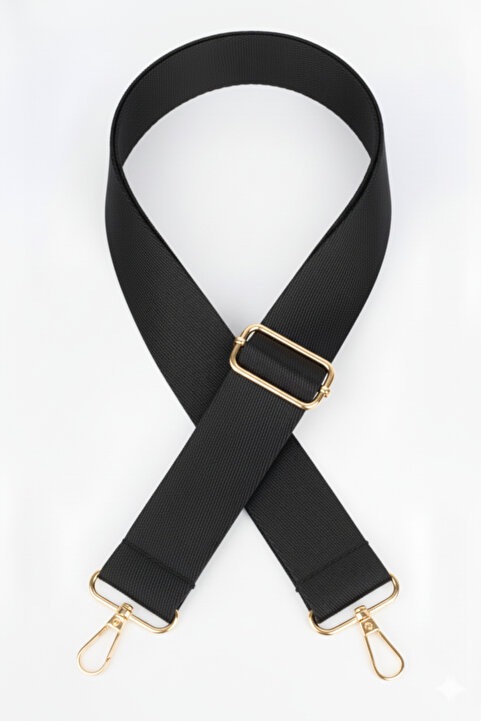 Defnella Siyah Polyester Kolon Ayarlanabilir Çanta Sapı - (125 CM) Gold Altın Metal Aksesuar ( 4cm )