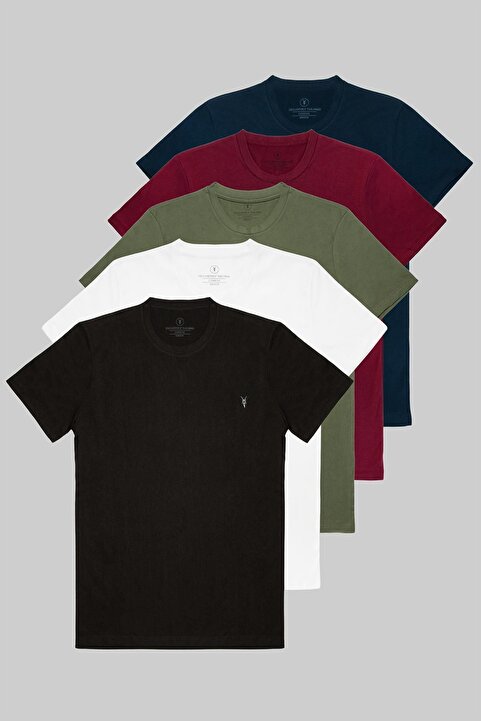 COMBİNE MİCHAİL Erkek Siyah Beyaz Haki Bordo Lacivert %100 Pamuklu Bisiklet Yaka 5 Li T-shirt Paketi