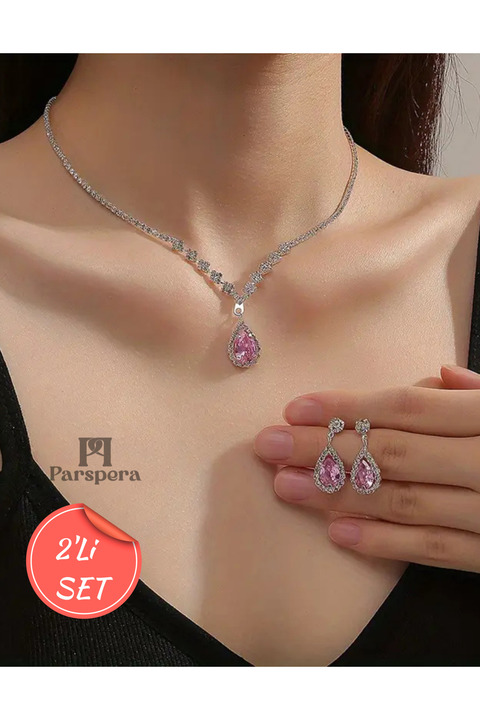 Parspera Gümüş Kaplama Su Yolu Zirkon Damla Taşlı Kolye Küpe Seti 2'Lİ Gelin Set Düğün Nişan Davet
