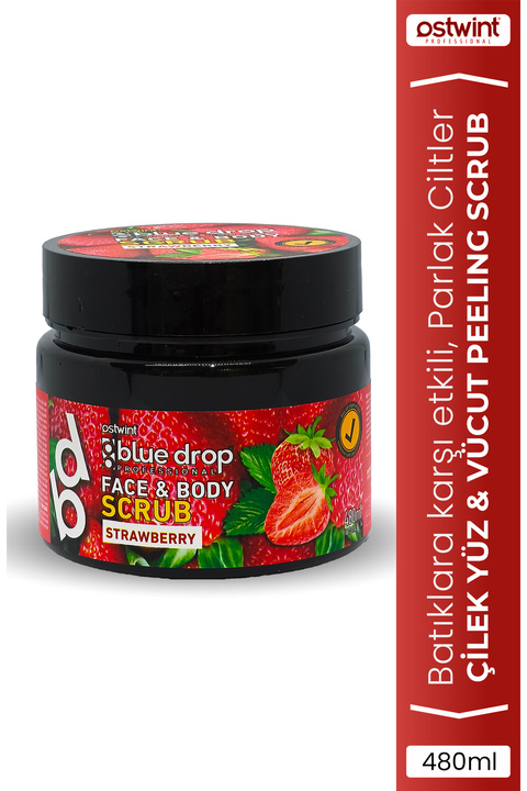 BLUE DROP Killi Yüz - Vücut Peeling Scrub, Temizleyici Pürüssüzleştirici Dolaşım Hızlandırıcı, Çilek 480ml