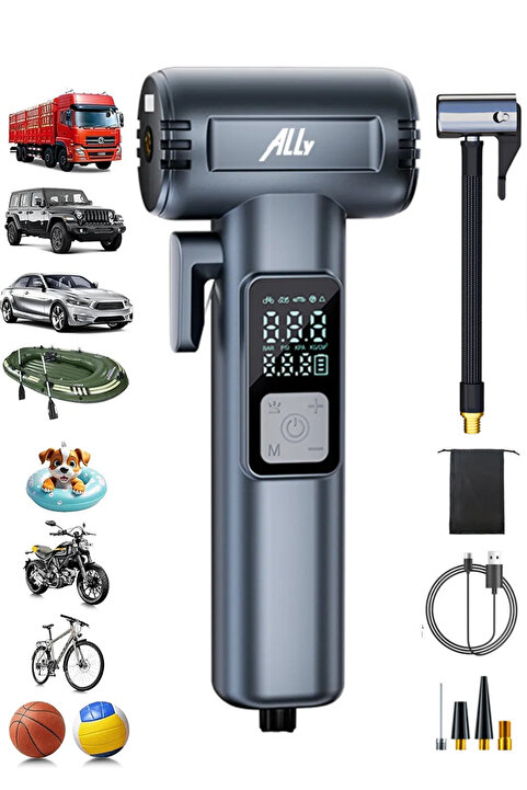 Ally ST-5530 Dijital Şarjlı Araç Lastik Hava Şişirme Pompası Power bank Penere kırıcı SIYAH