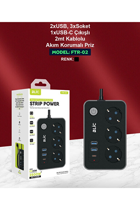 Genel Markalar Termal Akım Korumalı 3 Priz 2 Usb 1 Type-c Girişli 2m Kablolu Üçlü Priz