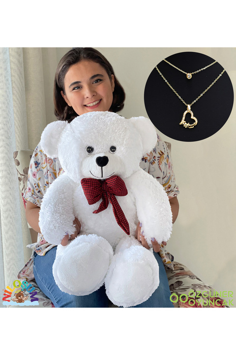 NİLOŞUM Özgüneroyuncak Sevgiliye Hediye Seti – 90 cm Peluş Ayıcık & 24 Ayar Altın Kaplama Kolye