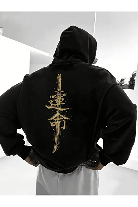 LAVİTTA Erkek Japonca Yazılı Kılıç Baskılı Hoodie