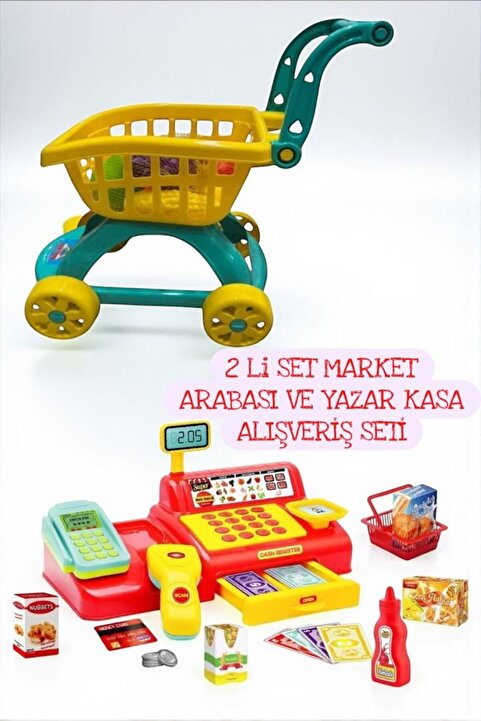 BYCEGU 2 Lİ SET MARKET ARABSI MEYVESI VE YAZAR KASA ALIŞVERİŞ SETİ