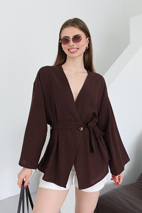 Laluvia Kahverengi Düğme Detaylı Kemerli Kimono - 005