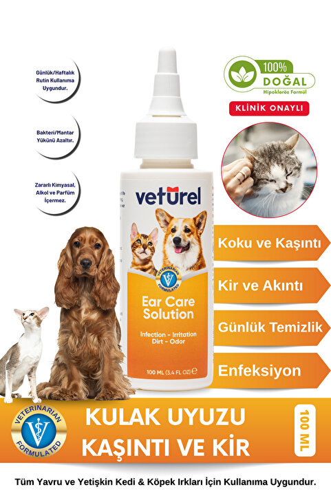 Veturel Kedi Kulak Temizleme Solüsyonu Kir Köpek Kulak Uyuzu Koku Önleyici Bakım 100ml