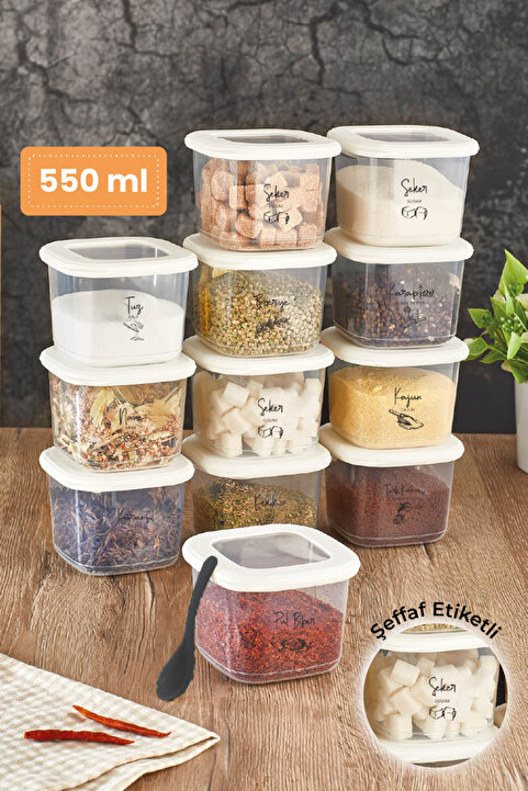 Vienev Siyah Serigrafi Etiketli Kaşıklı Foly Baharat Saklama Kabı 12'li Set Küçük Boy 0,55 Litre Beyaz