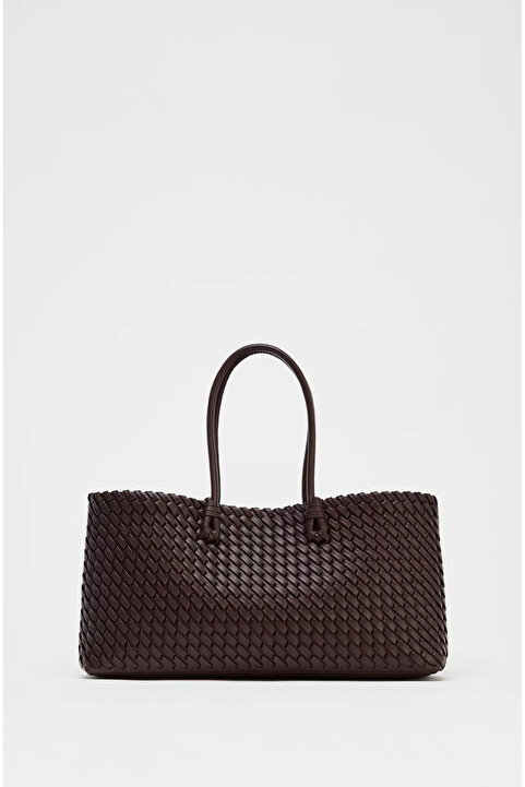 Çantacımstore Kadın Uzun Tote Çanta Kahverengi Örgülü