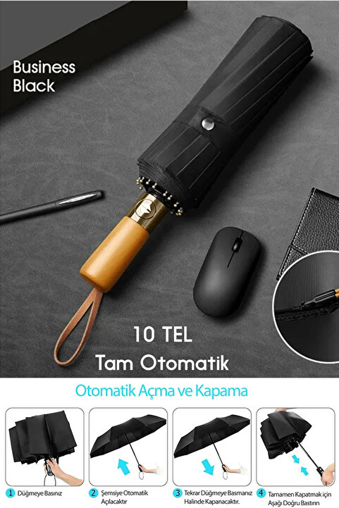 fitfiyat Tam Otomatik Ahşap Sap 10 Telli Düğmeden Aç Kapa Rüzgarda Kırılmayan Şemsiye