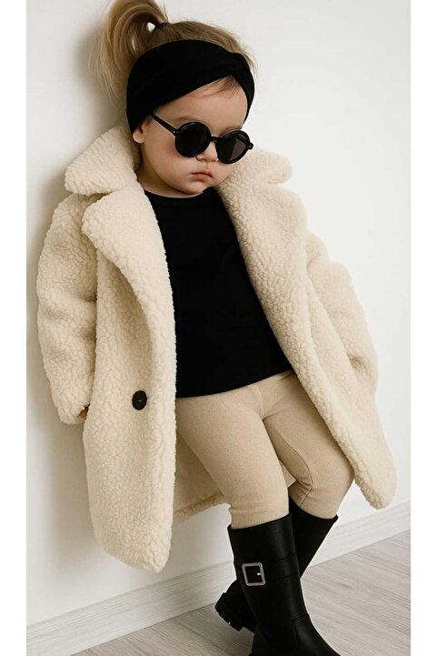 Süslüm Kids Ekru Rengi Astarlı Peluş Kaban
