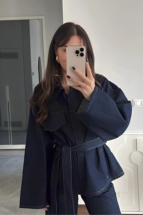 Perryes Kadın Bağlamalı Lacivert  Denim Ceket