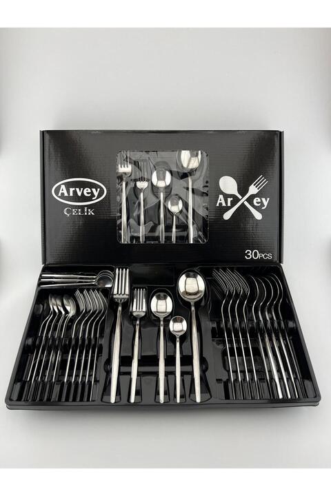ARVEY Round Yeni Nesil 30 Parça 6 Kişilik Çatal Kaşık Takımı Paslanmaz Çelik (Kutulu)
