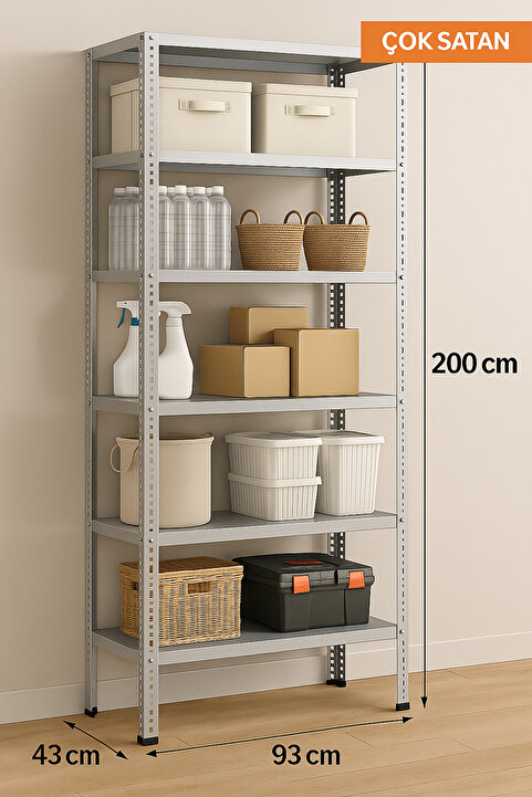 RafBurada 6 Katlı 43x93x200 Cm Galvaniz Çelik Raf - Depo, Arşiv, Kiler, Dosya, Market Rafı