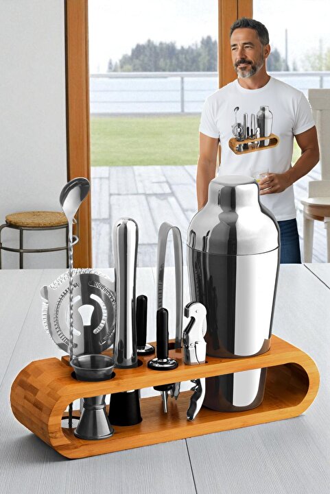 Transformacion Shaker GÜMÜŞ Kokteyl Set - 10 Parça 750 ML Shaker Coctail Set Bambu Standlı 722202