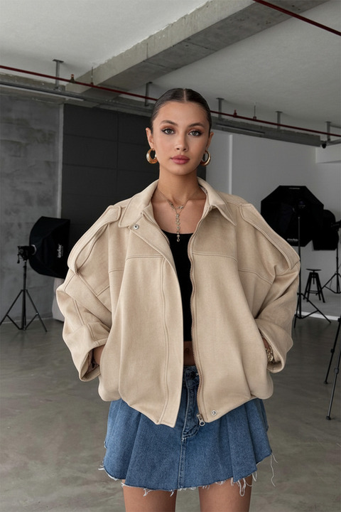 NET OF NOT Oversize Kadın Bomber Bej Süet Deri Ceket