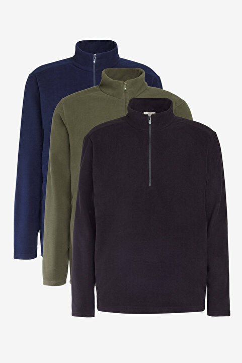 AC&Co / Altınyıldız Classics Unisex Siyah-Haki-Laci 3'lü Paket Standart Fit Bato Yaka Soğuk Geçirmez Sweatshirt Polar