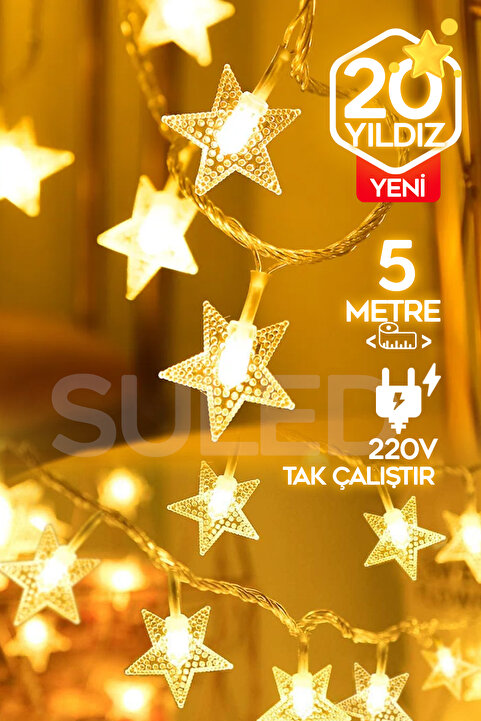 SULED 5 Metre Potart 20 Yıldızlı Dekoratif Led Işık 220v Fişli Gün Işığı Süsleme Parti Ambiyans