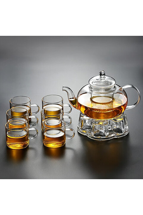 Vivien Home 7 Parça Borosilikat Çaydanlık Takımı 1000ML Demlik Ve 6 Adet 120ml Fincan Takımı