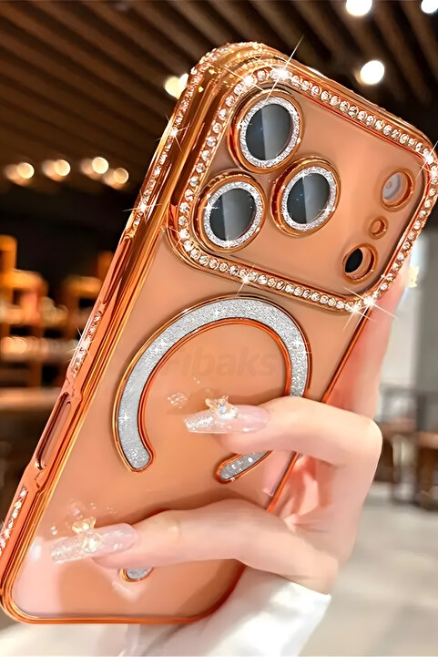 Fibaks iPhone 17 Pro Max Kılıf Taşlı Kamera Lens Korumalı Magsafe Şarj Kilifi Şeffaf Renkli Yumuşak Kapak