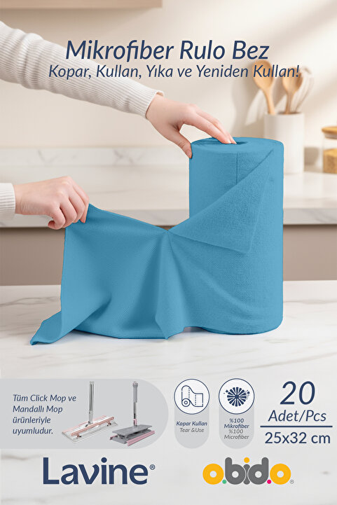 obido (20'li Rulo) Lavine Çok Amaçlı %100 Mikrofiber Temizlik Bezi "mavi" 25x32 Büyük Ebat Kopart Kullan