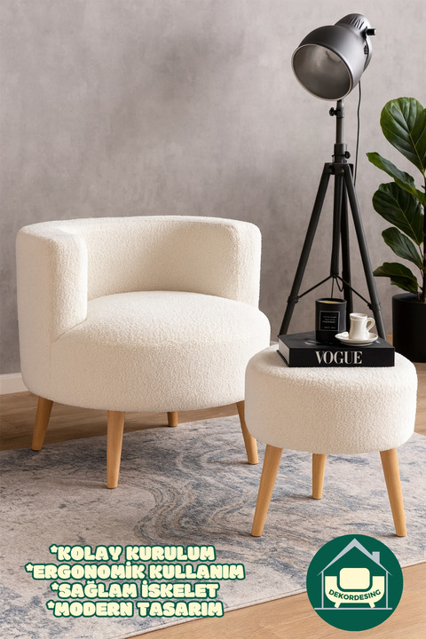 DEKOR MOBİLYACIM Berlin Çay Seti Berjer Ve Puf Takımı (SALON, OFİS, BALKON) - 2'li Takım