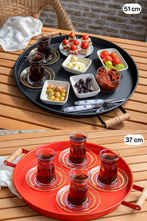 kitchen trend 51 Cm Siyah 37 Cm Kırmızı 2 Li Metal Yuvarlak Tepsi Sunum Tepsisi Çay Kahve Tepsisi