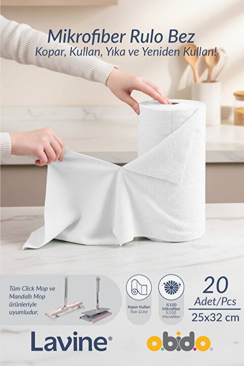 obido (20'li Rulo) Lavine Çok Amaçlı %100 Mikrofiber Temizlik Bezi "beyaz" 25x32 Büyük Ebat Kopart Kullan