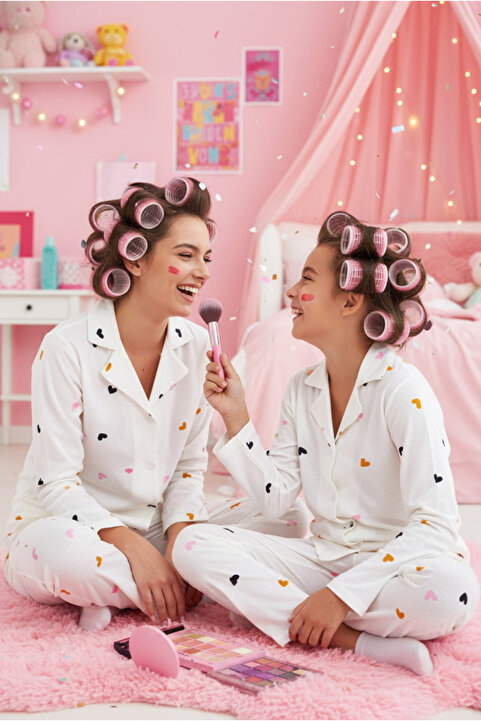 Siyah İnci beyaz renkli kalp desenli Pamuklu Düğmeli Pijama Takımı