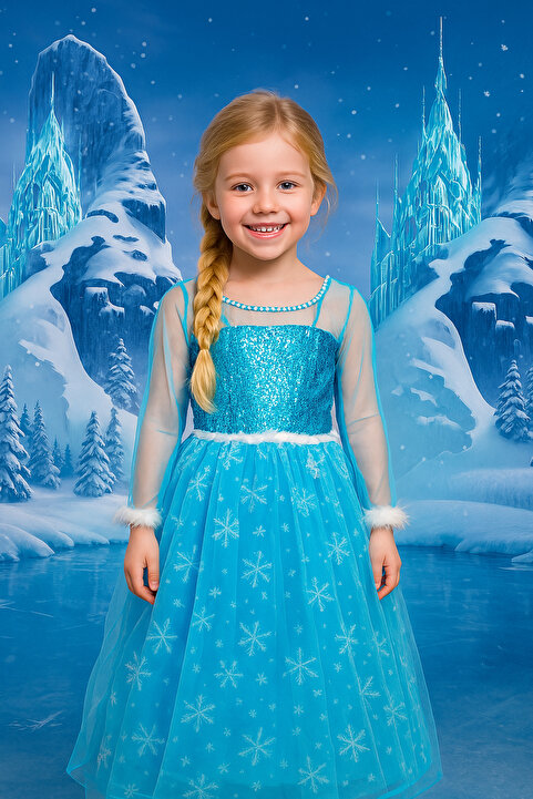 Parti Selesi Elsa Elbise - Frozen Kostüm Taç Asa Hediye Frozen Uzun Kollu Tarlatanlı Kostüm