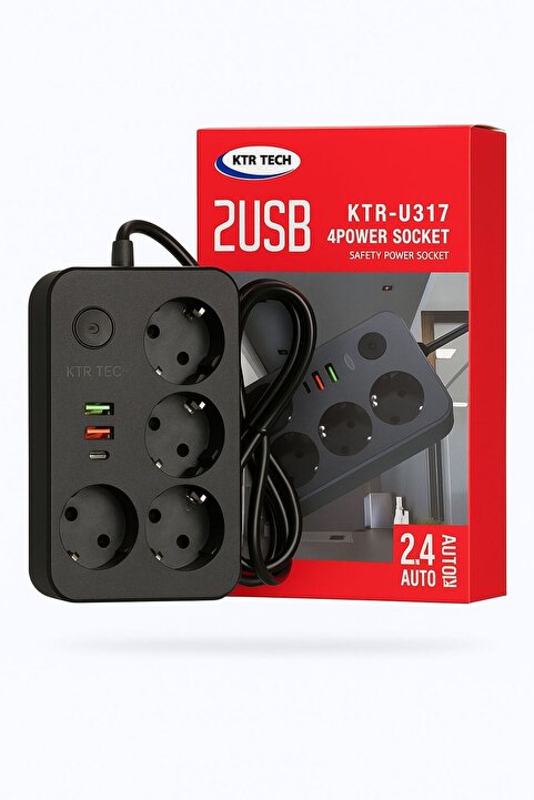KTR TECH Termal Akım Korumalı 2 Metre 4 Priz 2 Usb 1 Type-c Girişli 2.4A Kablolu Dörtlü Priz