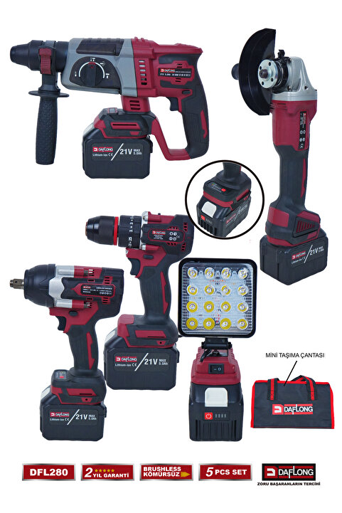 Daflong 15 PİLLİ 5'Lİ ÇANTALI SET 1300NM TORKLU+DEVİRLİ TAŞLAMA+MATKAP+KIRICI DELİCİ+FENER DFL-280