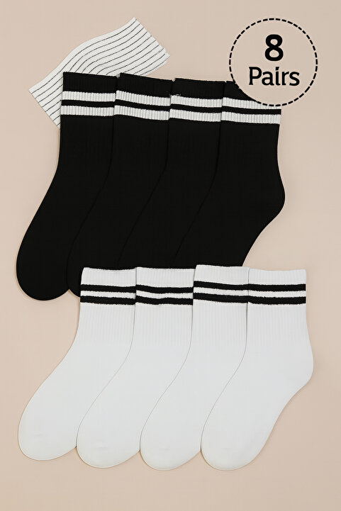 Genel Markalar Unisex 8 li paket Siyah Beyaz Çizgili Kolej Çorap (8 Pairs)
